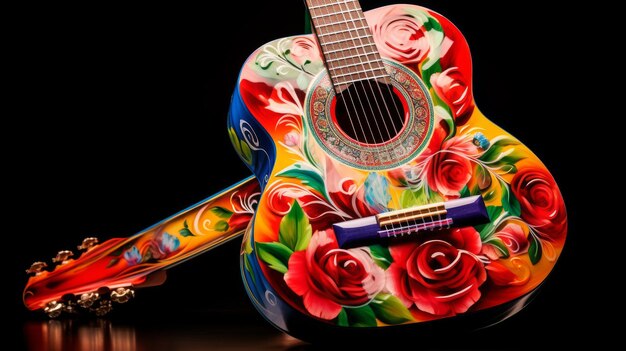 Photo colorful guitar with painted flowers