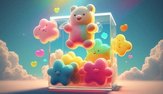 A colorful gummy bear in a glass container