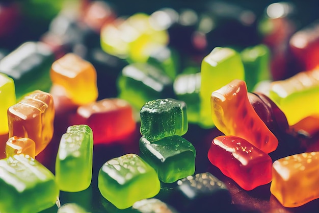 Colorful gummy bears with medical cannabis marijuana edibles sweet jelly candy closeup selective foc