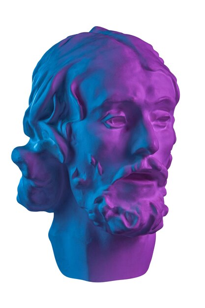Colorful gypsum copy of ancient statue of John the Baptist head for artists isolated on a white background Plaster sculpture man face John baptized Jesus Art poster in purple and blue bright colors
