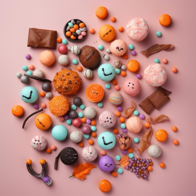 Photo colorful halloween candies and sweets on pink background top view