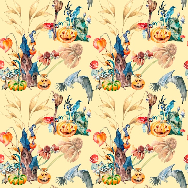 Colorful Halloween fairy house watercolor seamless pattern isolated on yellow