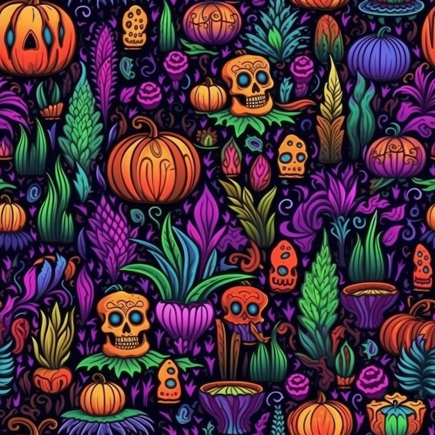 A colorful halloween pattern with skulls and pumpkins generative ai