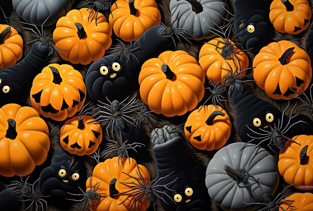 colorful halloween pumpkins and spiders in the style of minimal retouching