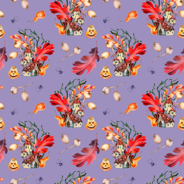 Colorful Halloween seamless pattern of cute house watercolor isolated on purple