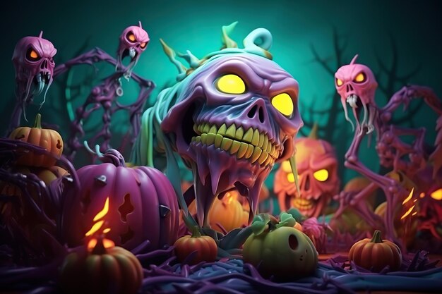 a colorful halloween theme background with halloween objects 3D zombies and pumpkin and skulls scary style