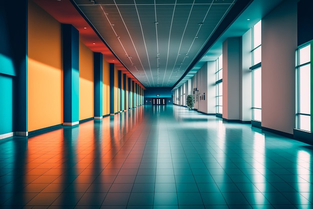 A colorful hallway of a modern building with large windows Generative AI