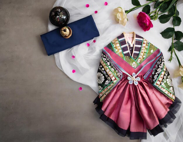 The colorful Hanbok Korean traditional silk dress and ornaments for women Holiday greeting concept w