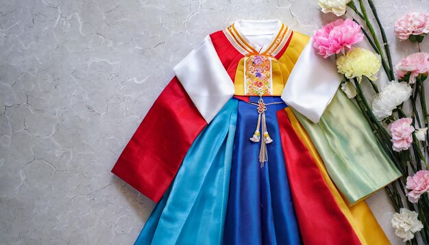 The colorful Hanbok Korean traditional silk dress for women Holiday greeting concept with copy space