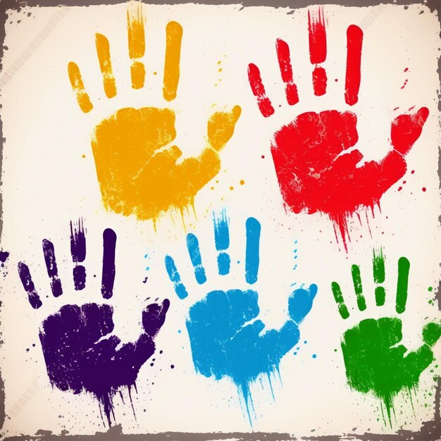 Colorful hand prints on a white background