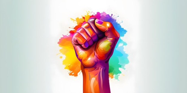 A colorful hand with a fist raised in the air.