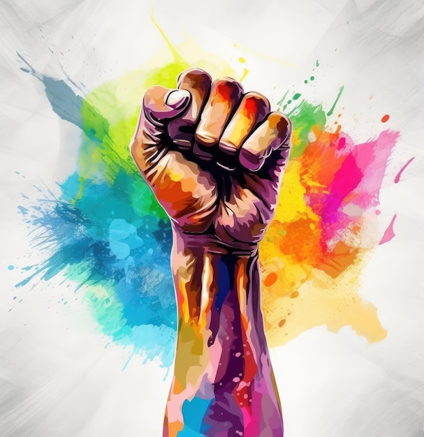 A colorful hand with a fist raised