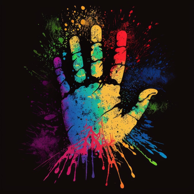 A colorful hand with paint splatters on it