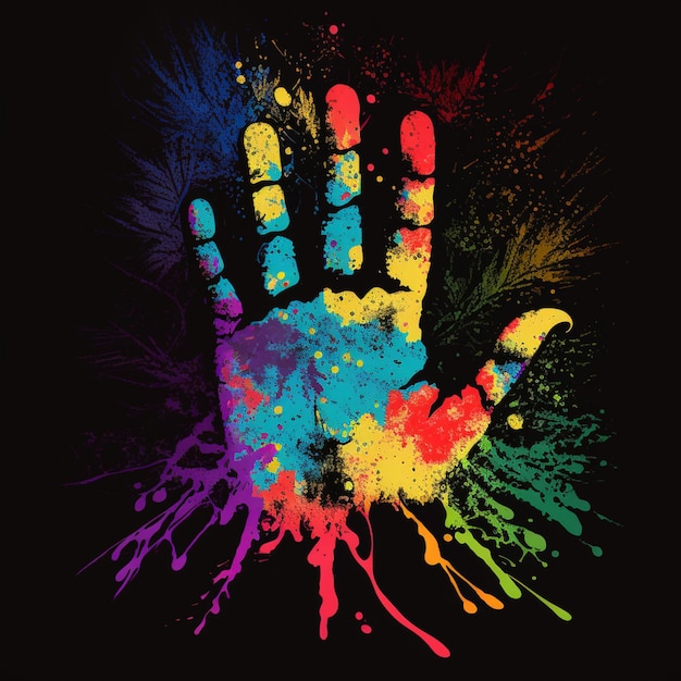 A colorful hand with paint splatters on it
