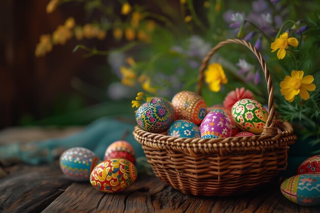 Colorful HandDecorated Easter Eggs in Basket