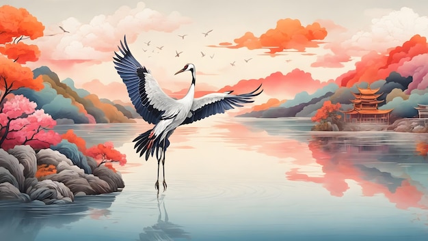 A colorful handdrawn Chinesestyle illustration of a crane soaring over a tranquil lake illustrati