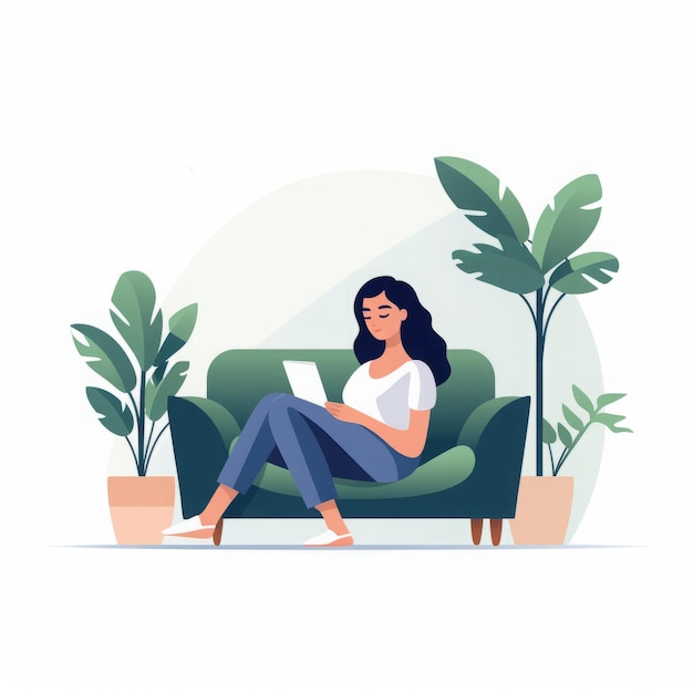 Фото Красочная ручная иллюстрация девушки, читающей книгу, установленная на диване, концепция отдыха плоская 2d