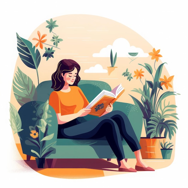 Фото Красочная ручная иллюстрация девушки, читающей книгу, установленная на диване, концепция отдыха плоская 2d