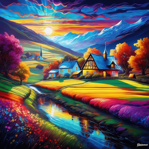 Colorful handdrawn landscape with a river and houses