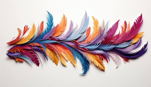 Photo colorful handmade feathers arranged around a blank white background