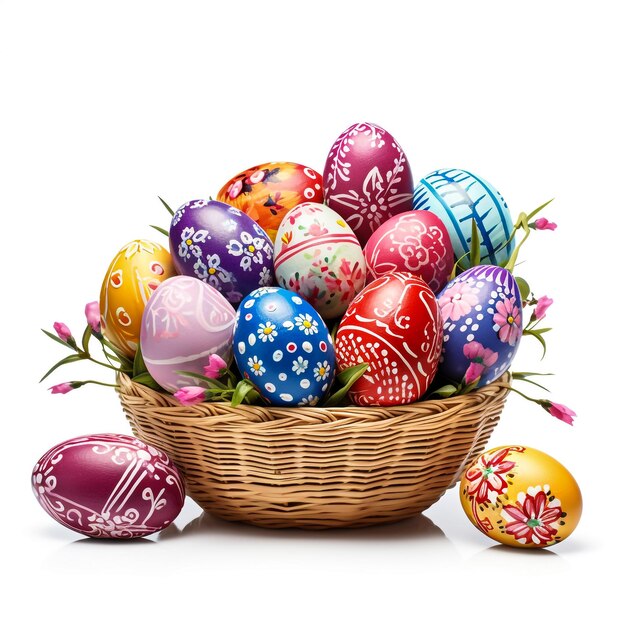 Colorful handmade painted easter eggs in the basket isolated on a white background