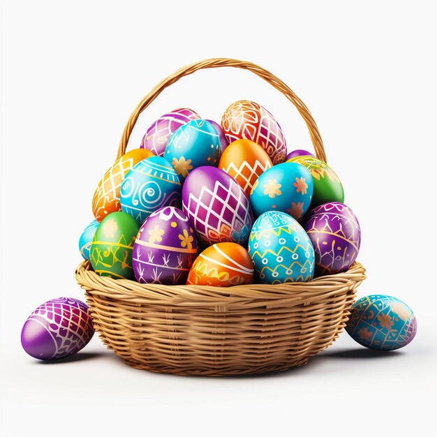 Colorful handmade painted easter eggs in the basket isolated on a white background