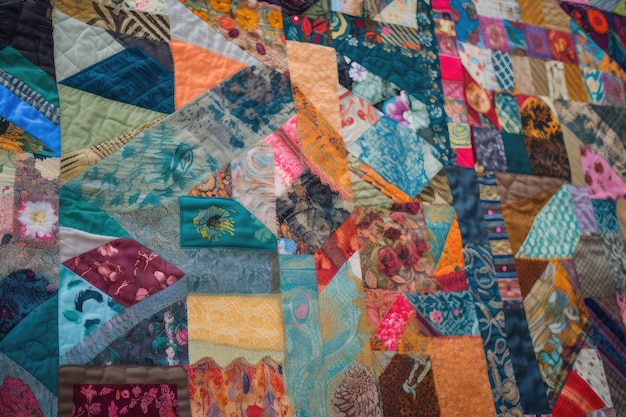 Colorful handmade quilt with a variety of textures and patterns