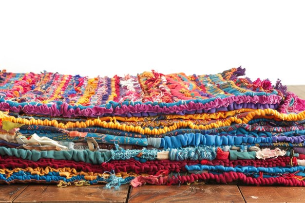 Photo colorful handmade rug made from old rags lying on a wooden table isolated on white background