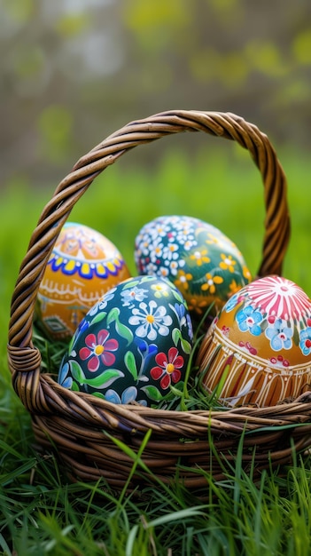 Фото Красочные, нарисованные вручную пасхальные яйца в традиционной плетеной корзине для весенних праздников