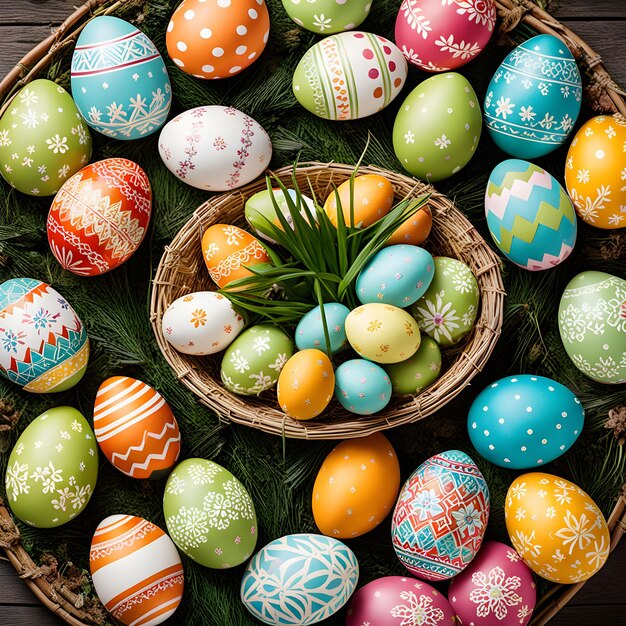 Photo colorful handpainted easter eggs in a wicker basket