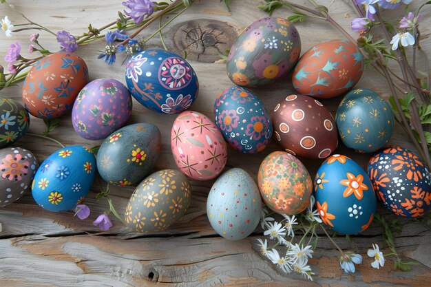 Photo colorful handpainted easter eggs with spring flowers