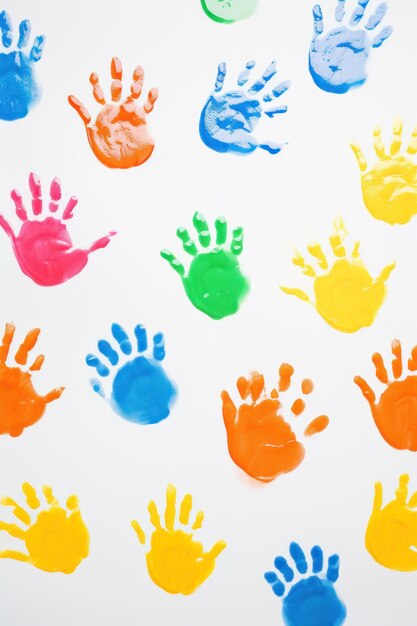 Colorful handprints on white background