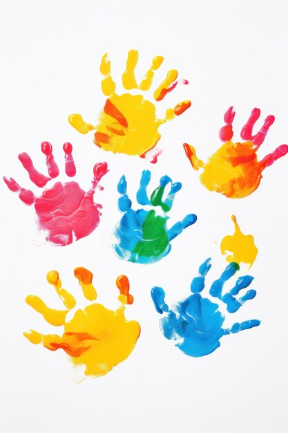 Colorful handprints on white background