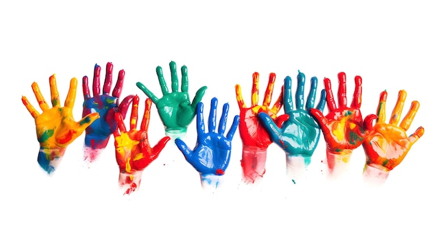 Colorful handprints on white background