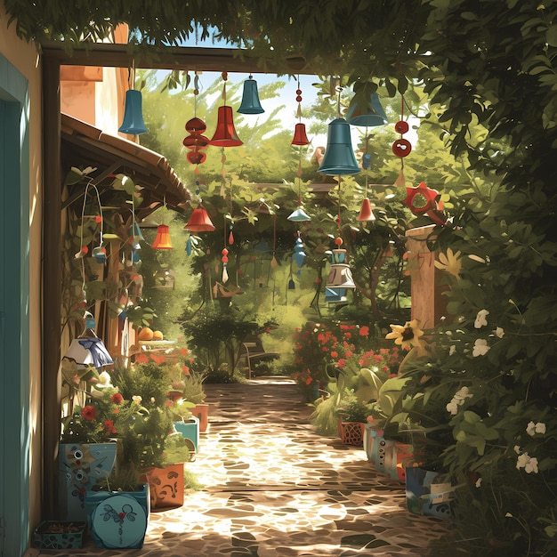 Colorful Hanging Lanterns in a Garden Pathway