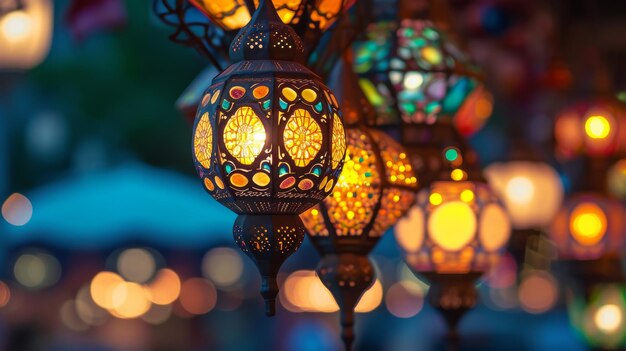 Photo colorful hanging lights illuminate a ceiling ramadan