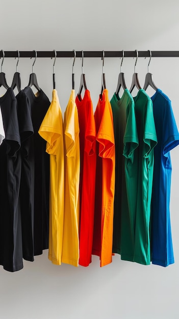 Colorful hanging Tshirts on a clothes rack Fashion and retail concept Design for apparel store