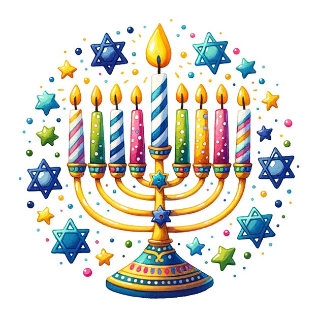 Photo colorful hanukkah menorah with lit candles and festive stars