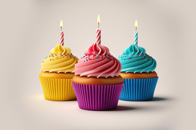 Colorful happy birthday cupcakes ,on isolated background ,Generative ai