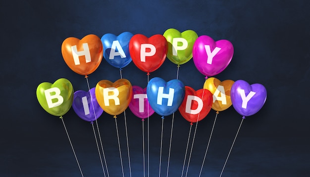 Красочные с днем рождения воздушные шары в форме сердца на черном фоне сцены. . 3D визуализация иллюстрации