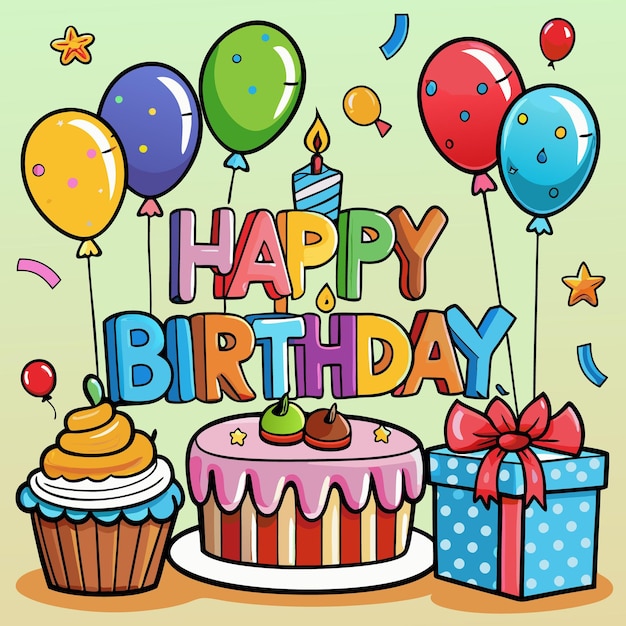 Colorful Happy Birthday Illustration Balloons Cake and Gifts