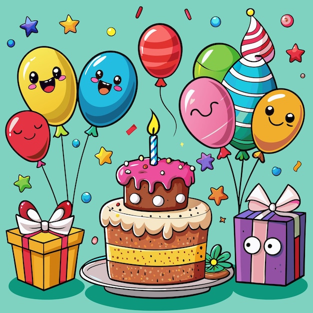 Colorful Happy Birthday Illustration Balloons Cake and Gifts
