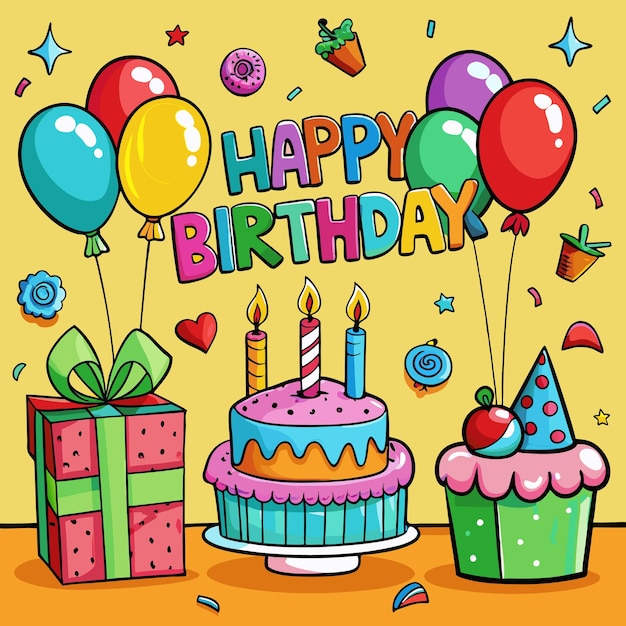 다채로운 생일 축하 일러스트레이션 풍선 케이크와 선물
