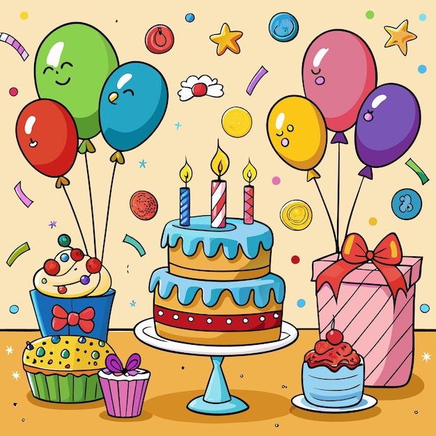 Colorful Happy Birthday Illustration Balloons Cake and Gifts