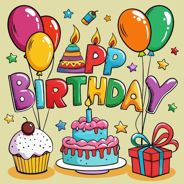 colorful happy birthday illustration balloons cake and gifts