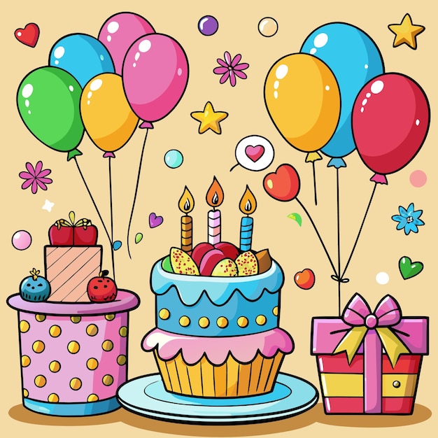 Colorful Happy Birthday Illustration Balloons Cake and Gifts