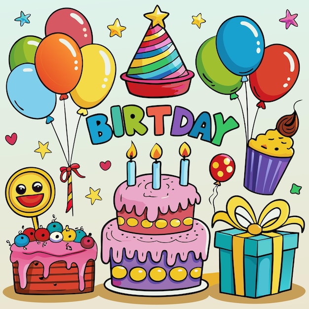 Colorful Happy Birthday Illustration Balloons Cake and Gifts