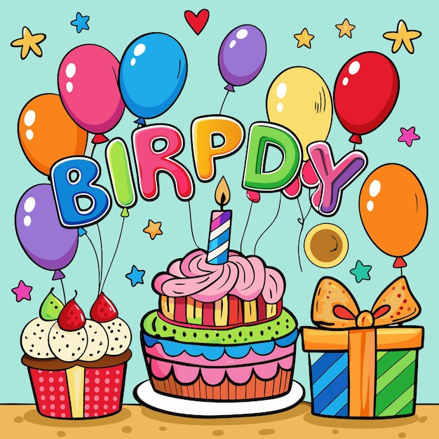 다채로운 생일 축하 일러스트레이션 풍선 케이크와 선물