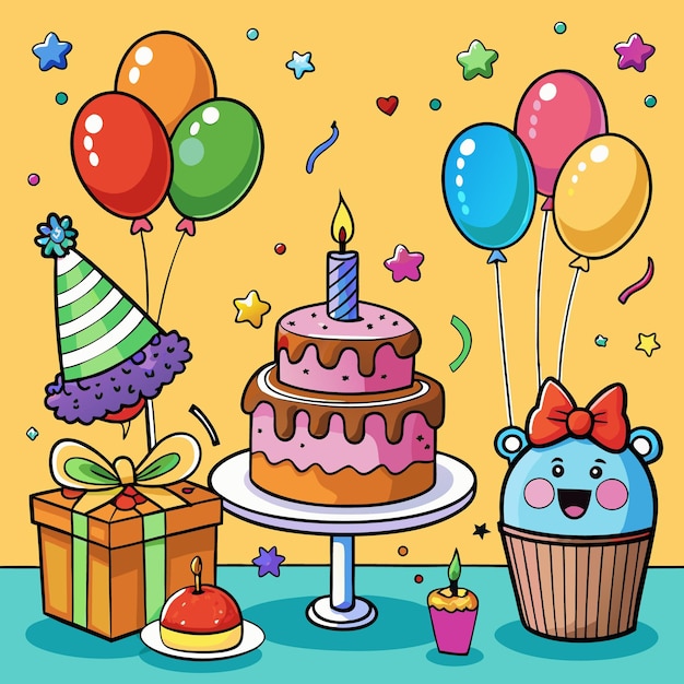 Colorful Happy Birthday Illustration Balloons Cake and Gifts