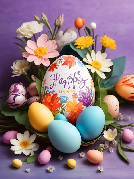 Colorful happy easter greeting card with eggs and flowers